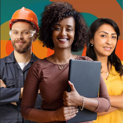 3 professionals in front of a colorful background