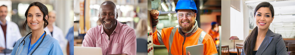 Four photos: healthcare worker in scrubs with stethoscope, professional working on a laptop, industrial worker in hard-hat and hi-vis jacket, professional in a conference room.